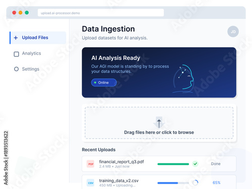 A digital interface showing data ingestion for AI analysis. Users can upload datasets. Recent uploads are displayed, showing PDF and CSV files along with their status.