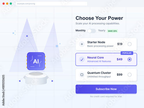 Users can select between different processing power options for AI capabilities. Plans include Starter Node, Neural Core, and Quantum Cluster with subscription details.
