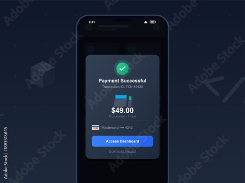 Notification shows payment success for a subscription service. Amount charged is $49.00 with Mastercard information. User can access the dashboard or download a report.