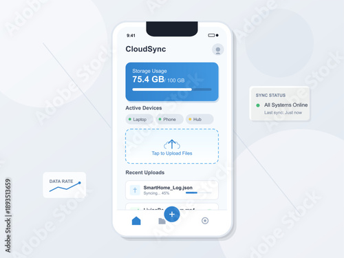 CloudSync app displays storage usage data, active devices, and recent uploads. The screen illustrates a user-friendly interface on a mobile device in digital style.