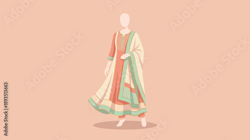 Traditional Attire Showcase, Cultural Celebration, Art Illustration, Elegant Environment, Creative Viewpoint