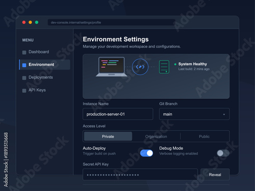 The vector illustration shows a digital interface for managing environment settings, highlighting options for configuration, deployment, and API keys.