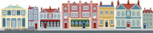 House Victorian building scene old English houses and buildings along city street. Georgian mansion and manor style homes in a vintage architectural row classic British facade illustration background