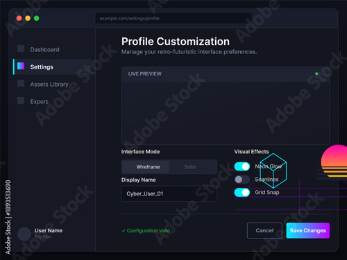 User adjusts profile settings in a retro-futuristic interface. Options include wireframe mode, visual effects, and a custom display name for a unique experience.
