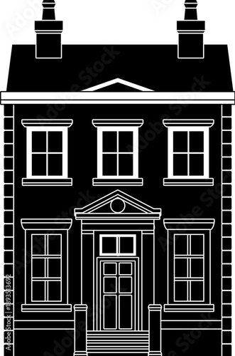 Victorian silhouette old English house building. Georgian mansion manor style homes. Vintage British architecture facade illustration.