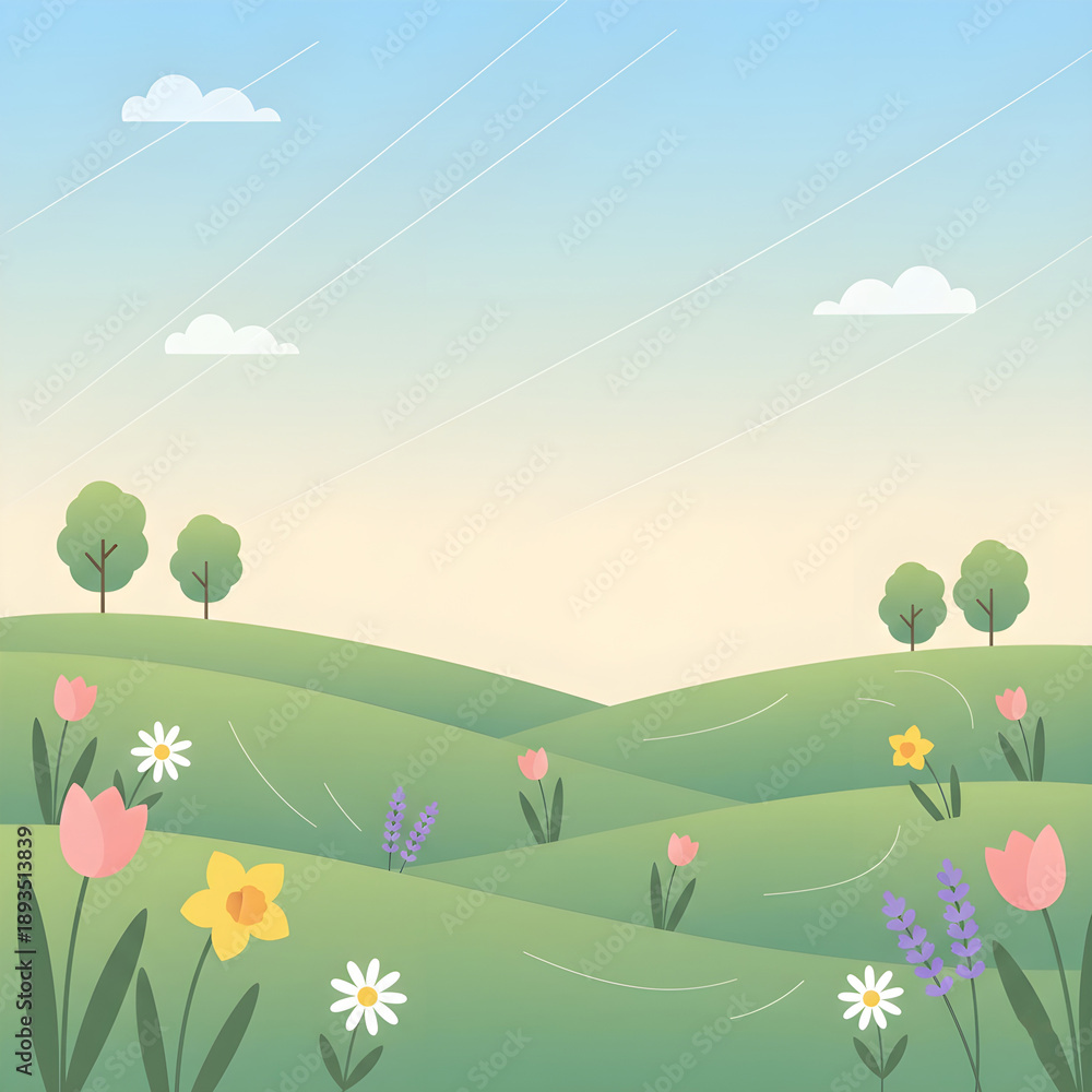 Fototapeta premium Simple flat illustration of green rolling hills with spring wildflowers and trees