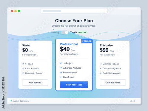 This graphic displays subscription plans for a data analytics service. Options include starter, professional, and enterprise plans with different features and pricing.