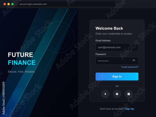 The login screen displays a modern design for a finance platform. Users enter their credentials in a streamlined layout that emphasizes security and reliability.