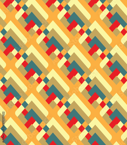 
Repeating geometric pattern featuring layered shapes in warm hues, including orange, beige, red, and teal.

