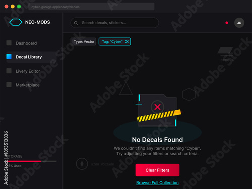 The digital interface displays a decal library with a message indicating there are no items found under the cyber category, emphasizing a user-friendly design.