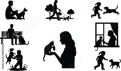 People interacting with pets silhouette collection, dog walking cat care playful moments, human animal bonding scenes isolated on white vector illustration set