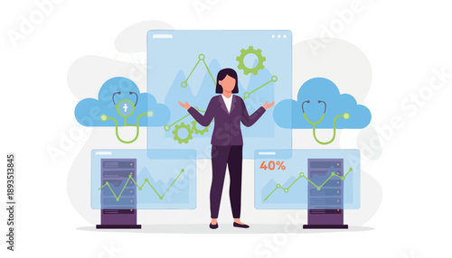 Businesswoman managing cloud computing infrastructure and data analytics with server racks.