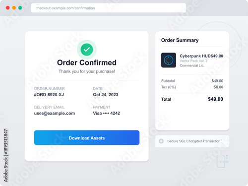 User confirms an online order with an order summary. Details include order number, date, total amount, payment method, and a download button for assets.