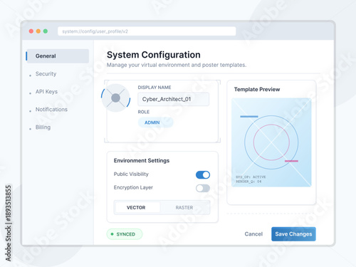Configuration screen displays user profile settings, including display name, role, and template preview options in a virtual environment. Users can adjust visibility and encryption.