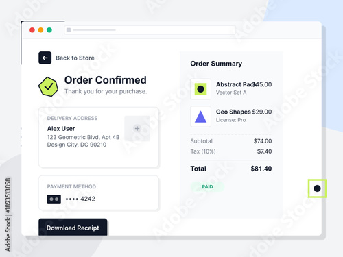 A digital order confirmation screen displays details of a recent purchase, including item descriptions, delivery address, and payment status. The screen shows a completed transaction.