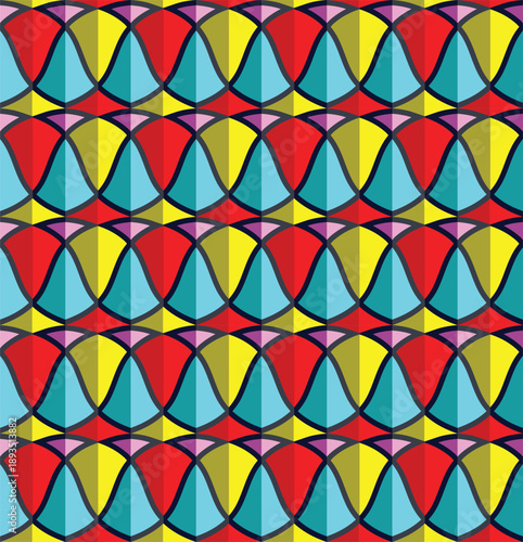 Colorful vibrant colorful abstract pattern featuring interlocking shapes in red, yellow, teal, and pink, creating a dynamic visual texture, repeating surface print for textile and paper printing