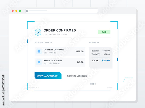 Receipt shows order details for a Quantum Core Unit and Neural Link Cable with total amount and payment status clearly indicated. Download receipt option included.