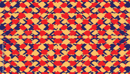 Colorful abstract pattern featuring overlapping shapes in red, navy blue, and beige, creating a dynamic and bold visual texture.