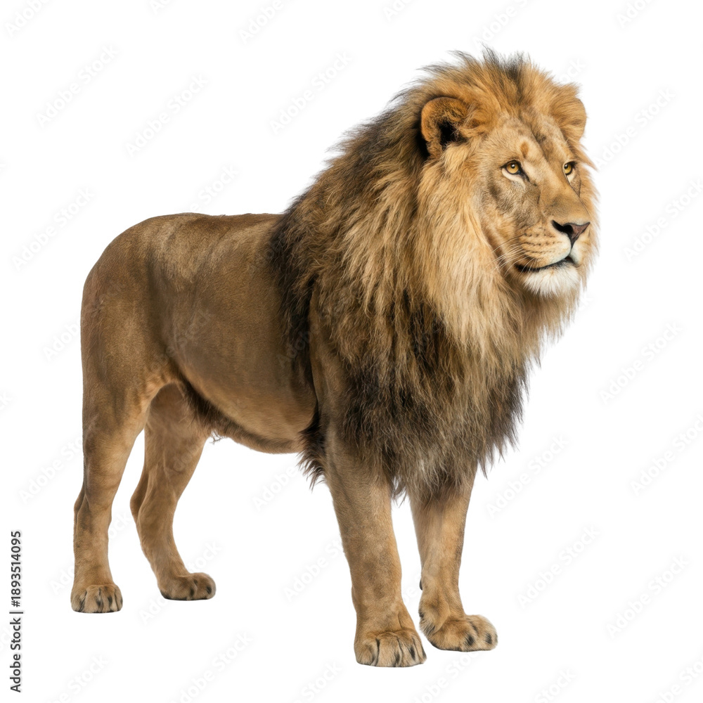 Obraz premium Majestic Male Lion with Golden Mane Standing Isolated on White Background