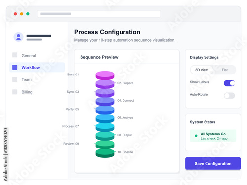 User interacts with a process configuration interface for managing a 10-step automation workflow. The interface shows steps, display settings, and system status options clearly.