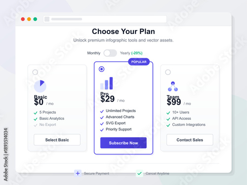 A web interface displays different subscription plans for infographic tools. Options include Basic, Pro, and Team plans with various features and pricing.