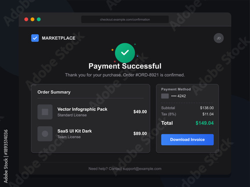 User receives a payment successful message after purchasing a vector infographic pack. The order summary shows details of the transaction and download option.