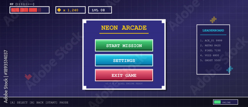 A neon arcade game interface displays options for players, including start mission, settings, and exit game on a vibrant digital screen designed for engaging gameplay.