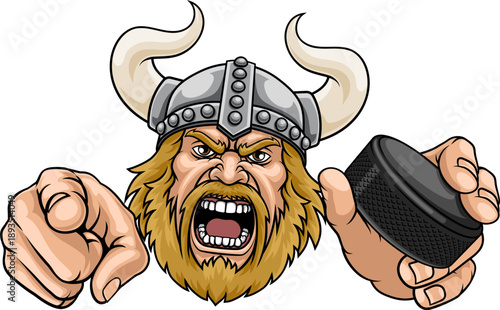 An angry Viking cartoon character holding hockey puck and pointing ice hockey sports team mascot illustration.