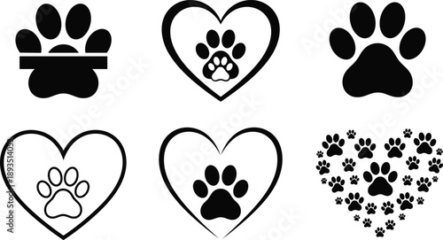 Pet paw print and heart icon illustration set, dog and cat love symbols, minimal black silhouette vector design for animal care branding