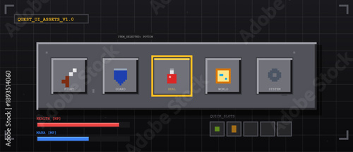 A user interface for a game with elements like item selection, health bar, and quick slots. It is designed for game development and design applications.