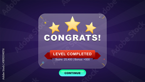 A vector design shows a game completion notice featuring three stars and the text 'Congrats'. It includes a score and bonus details on a colorful background.