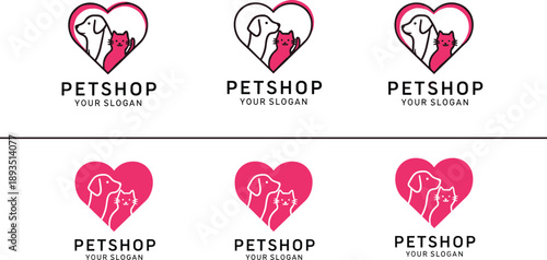 Pet shop logo collection with heart shaped dog and cat icons, modern veterinary branding templates, cute animal love vector illustration set