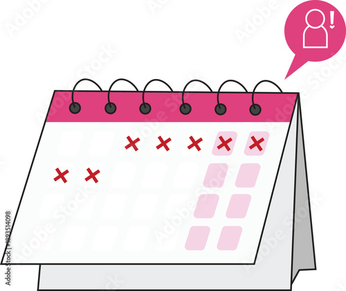 Vector illustration of a pink desk calendar with red "X" marks tracking a menstrual cycle or fertility window. 