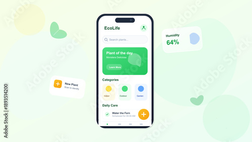 A mobile application interface displays plant care features. Users can view humidity levels, select plant categories, and set daily reminders for plant care tasks.