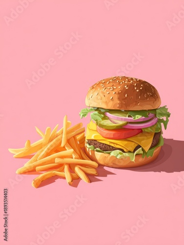 Fast food background with burgers and french fries for street food and junk food design. Tasty colorful composition for restaurant menus, banners, posters and promotional projects.