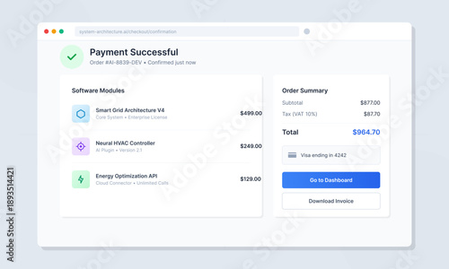 A computer screen displays a payment confirmation for software modules including subtotal, tax, and total charges. Includes a link to the dashboard and invoice download option.