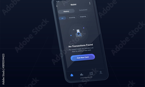 The digital wallet app interface displays a screen with no transactions found. The design includes options for history, subscriptions, and adding a new card.