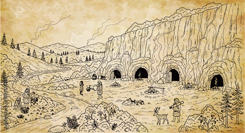 Prehistoric cave dwelling scene with early humans, deer, and natural landscape.