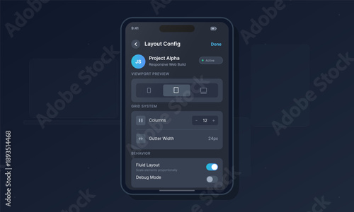 A vector illustration shows layout configuration settings for a responsive web build on a mobile device. It displays viewport preview, grid system, and behavior options for customization.