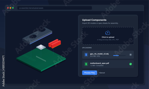 User interacts with a digital interface to upload models and specifications for assembly. The screen shows various components being processed while tasks are completed.
