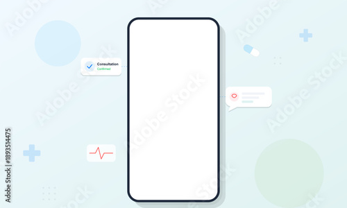 A digital health interface displays a confirmed consultation on a mobile screen, featuring notifications and medical symbols. Ideal for health tech and telemedicine concepts.