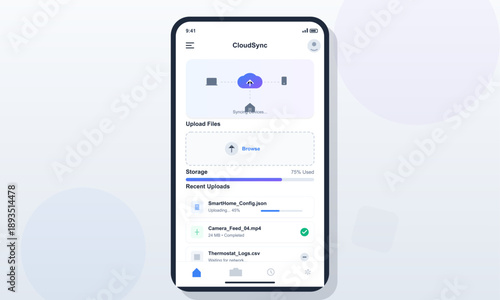 A mobile device screen displays the CloudSync app interface. The screen shows file upload options, storage usage, and recent uploads for easy file management.
