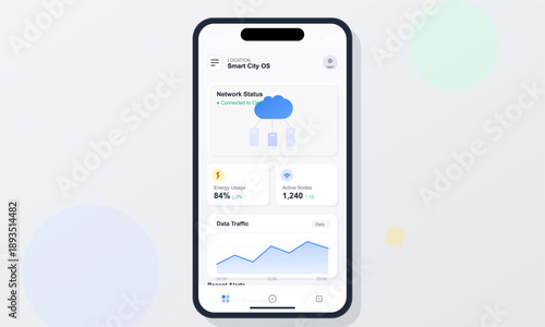 This vector illustration shows a mobile app interface for Smart City OS, highlighting network status, energy usage, and data traffic metrics on a smartphone.