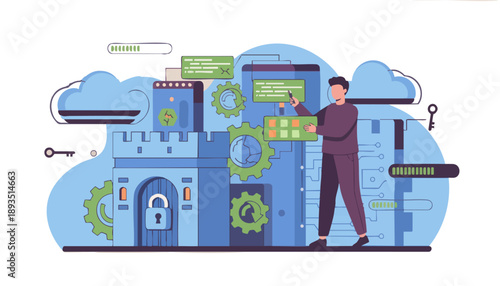 A person managing and securing a digital fortress with cloud integration and data protection elements, representing cybersecurity and IT infrastructure.