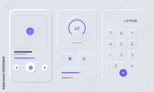 A clean and modern control panel layout features buttons, sliders, and a digital display for user interaction. Designed for applications in technology or home automation.