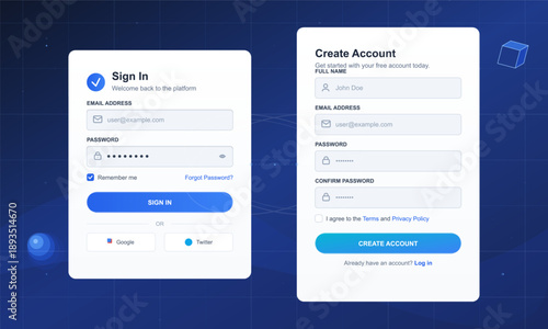 A vector illustration showing a user interface for account sign-in and registration. The design features two sections for inputting email and password details.