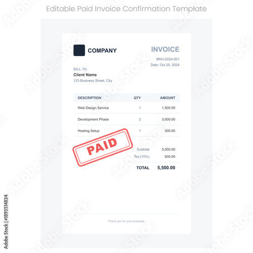 Professional business invoice template with paid red stamp