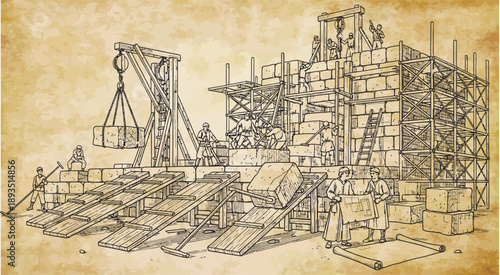 Detailed sepia illustration of ancient construction site with workers, scaffolding, ramps, and a large crane lifting stone blocks.