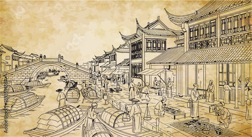 A detailed sepia-toned drawing of a bustling ancient Chinese canal city with traditional buildings, boats, and many people engaged in daily life and commerce.