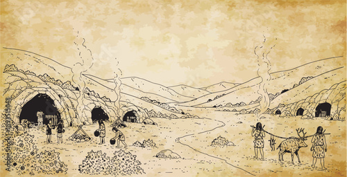 A detailed line drawing illustrating an ancient human settlement with cave dwellings, hunters, and a reindeer.